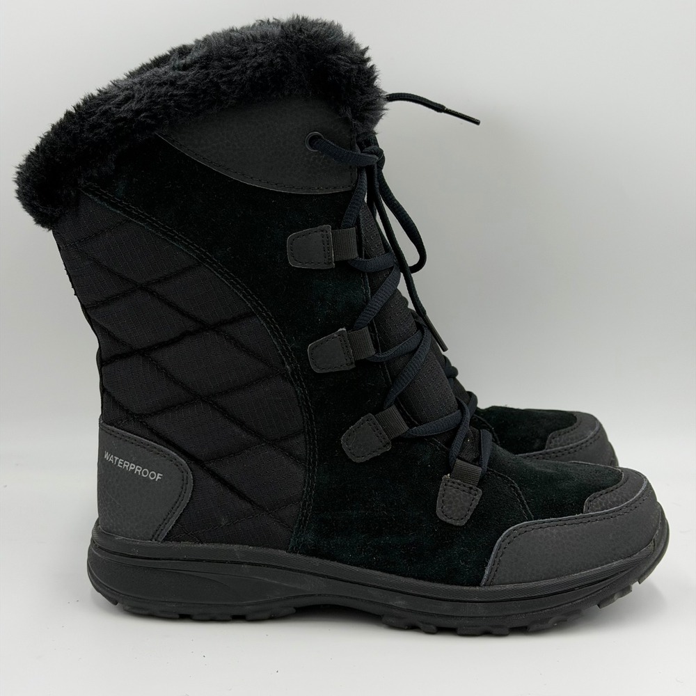 Columbia Ice Maiden II Waterproof Winter Boots Black Women Sz 9 Leather Faux Fur
